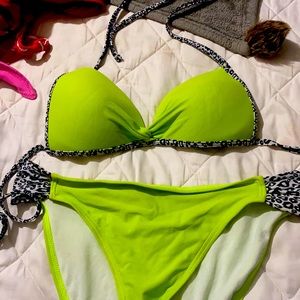 Lime green and black and white cheetah print bikini